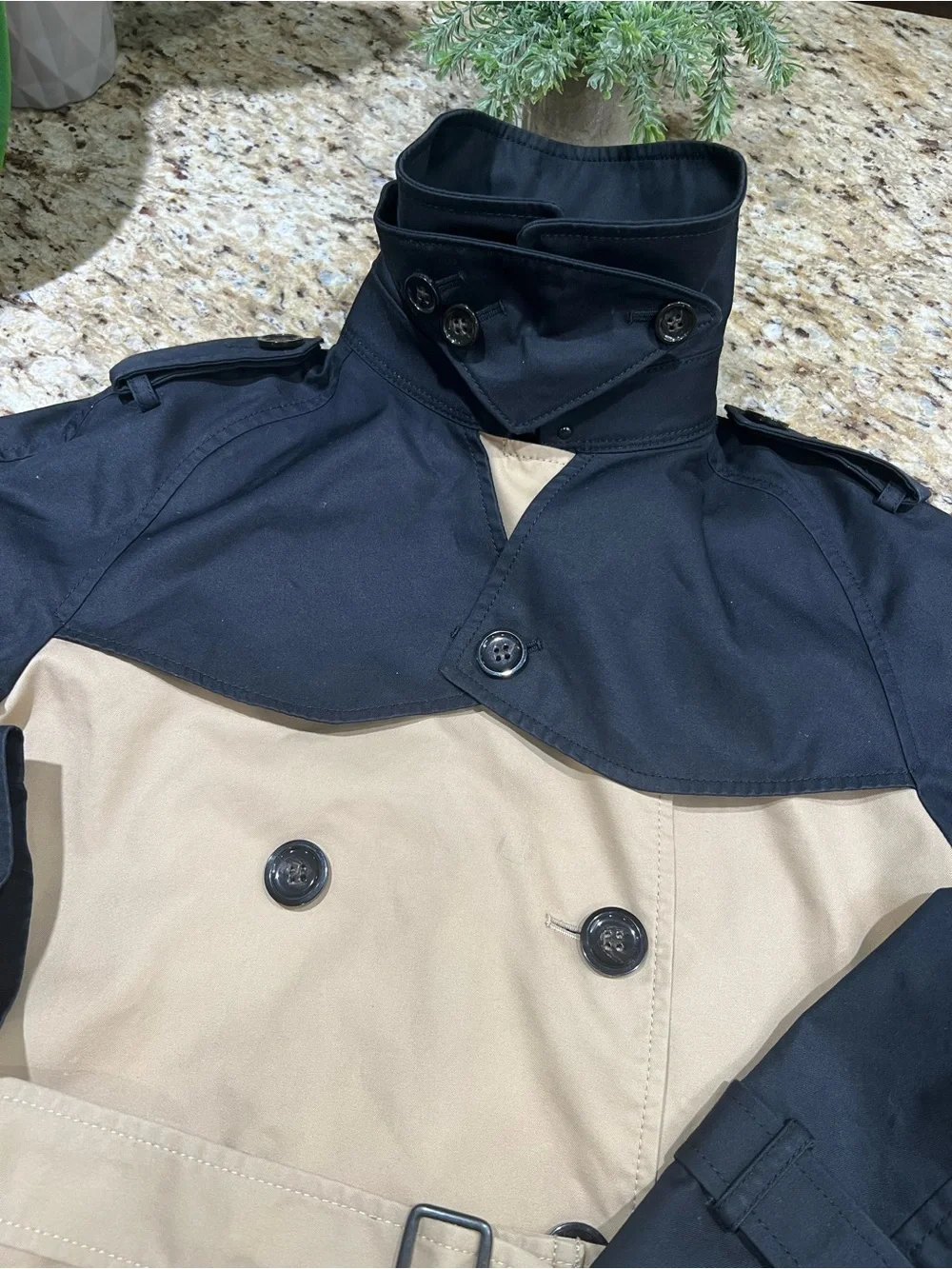 COACH Two-Tone Black & Beige Short Trench Belted Coat Medium